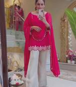 Hot-pink faux georgette embroidered palazzo set
