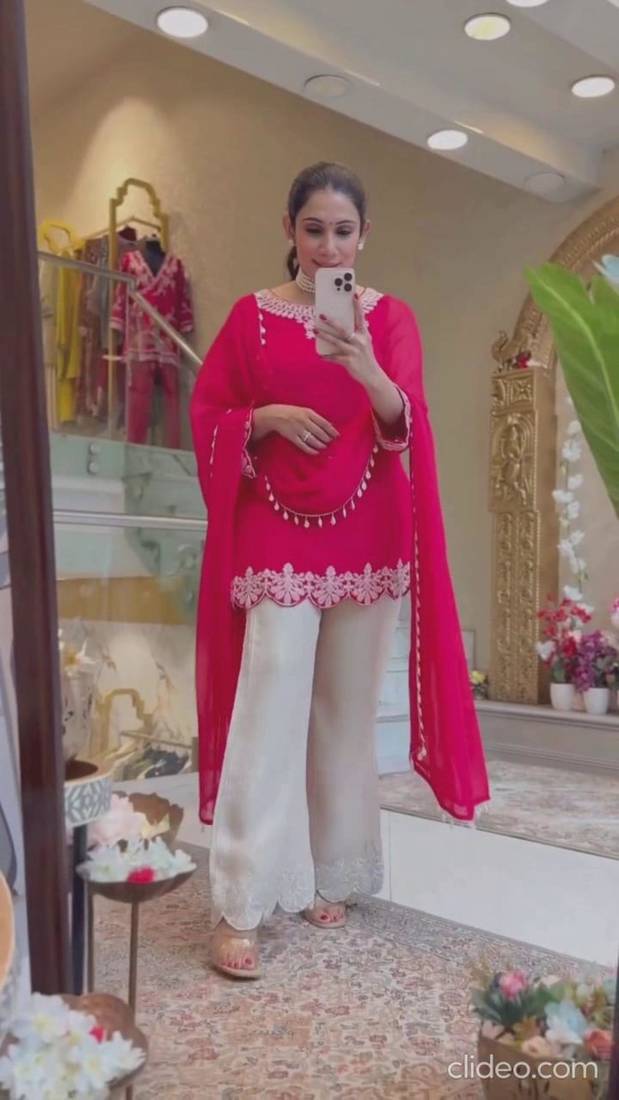 Hot-pink faux georgette embroidered palazzo set