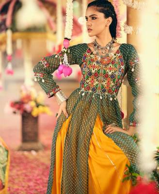 Navratri Yellow Mirror Work Lehenga Choli in Rayon 3