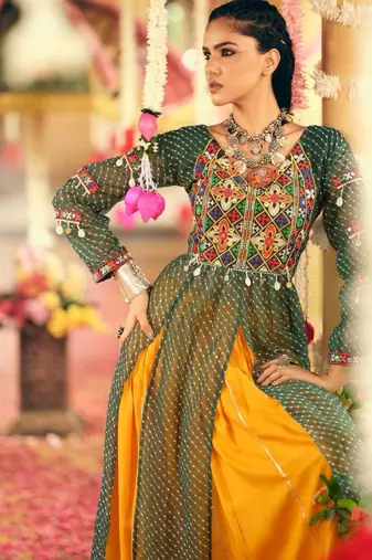 Navratri Yellow Mirror Work Lehenga Choli in Rayon