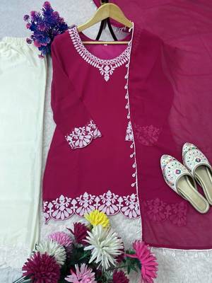 Hot-pink faux georgette embroidered palazzo set 2