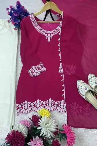 Hot-pink faux georgette embroidered palazzo set