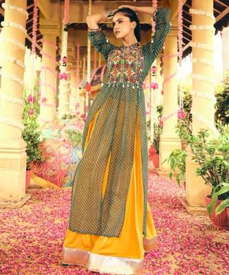 Navratri Yellow Mirror Work Lehenga Choli in Rayon 4