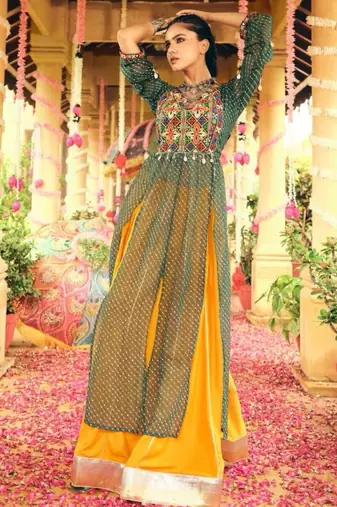 Navratri Yellow Mirror Work Lehenga Choli in Rayon