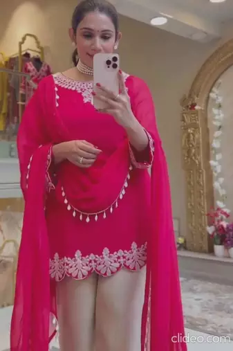 Hot-pink faux georgette embroidered palazzo set