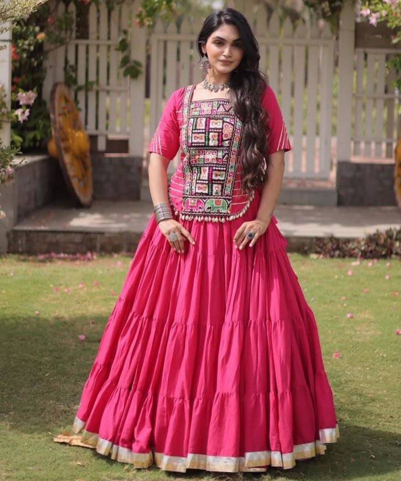 Navratri Pink Dori Detail Lehenga Choli in Cotton Poly