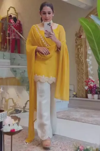 Yellow faux georgette embroidered palazzo set