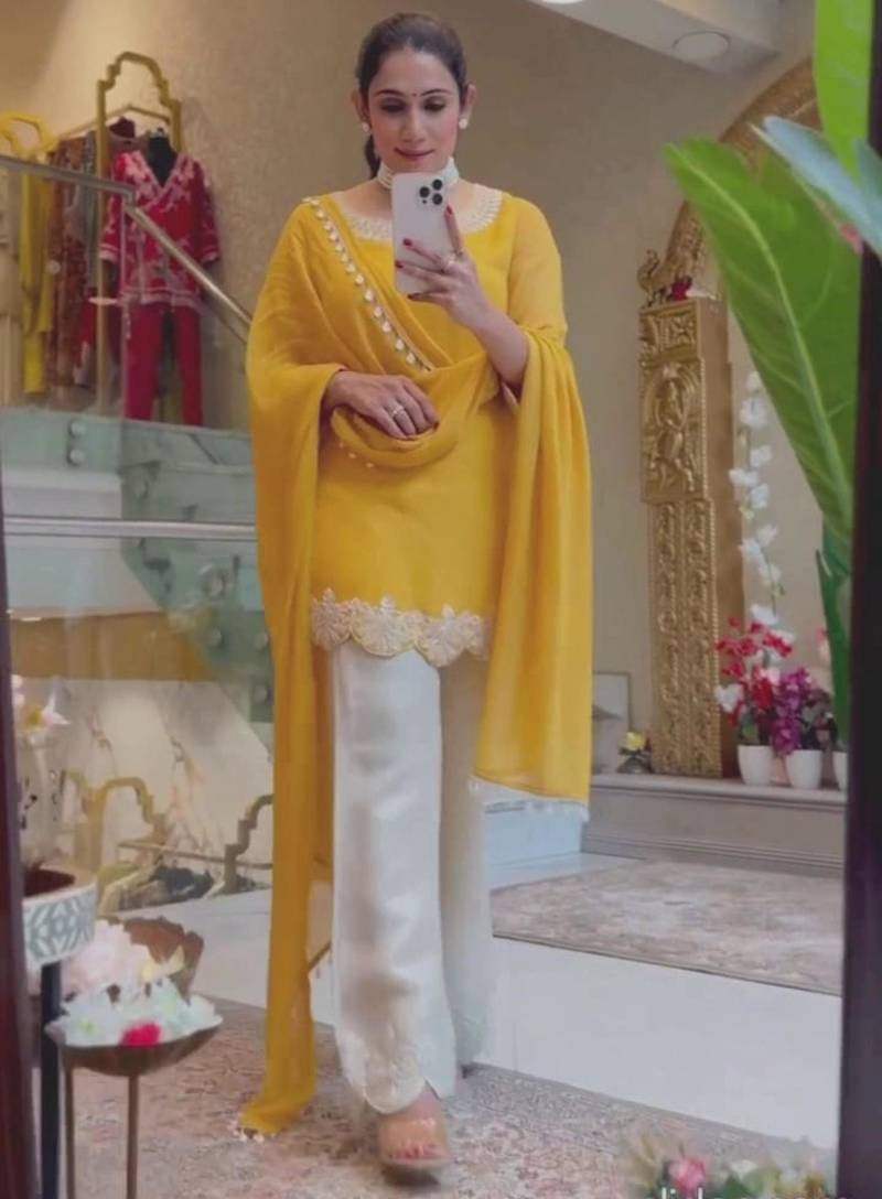 Yellow faux georgette embroidered palazzo set