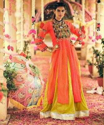 Navratri Yellow Mirror Work Lehenga Choli in Rayon 1