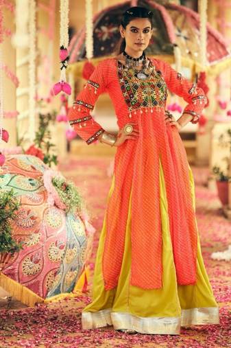Navratri Yellow Mirror Work Lehenga Choli in Rayon