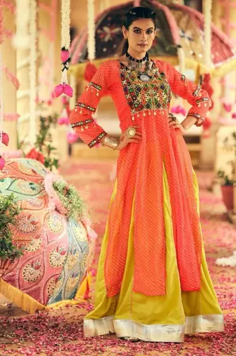 Navratri Yellow Mirror Work Lehenga Choli in Rayon