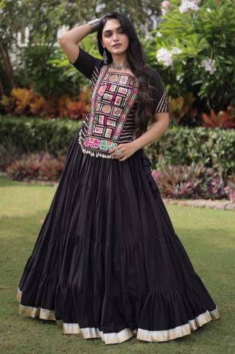 Navratri Black Dori Detail Lehenga Choli in Cotton Poly