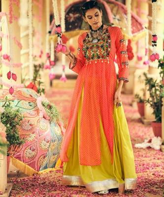 Navratri Yellow Mirror Work Lehenga Choli in Rayon 2