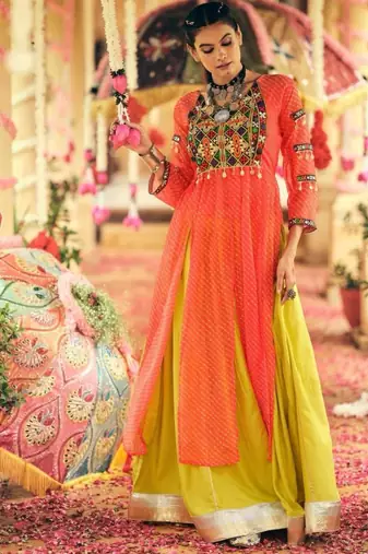 Navratri Yellow Mirror Work Lehenga Choli in Rayon
