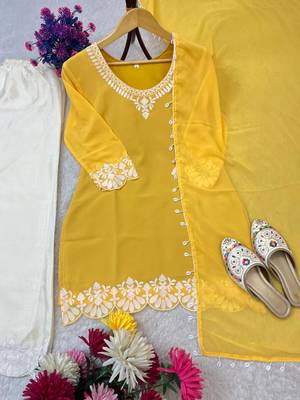 Yellow faux georgette embroidered palazzo set 2