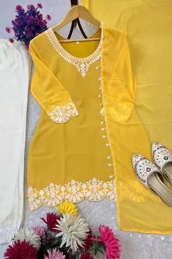 Yellow faux georgette embroidered palazzo set