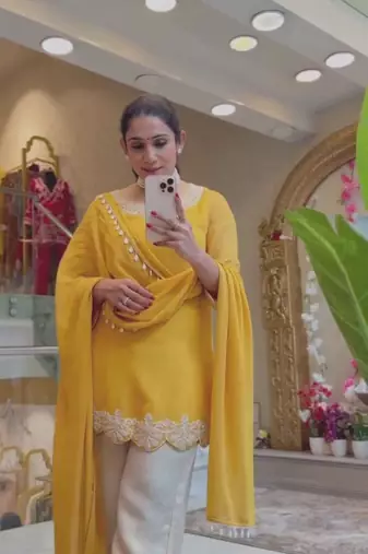 Yellow faux georgette embroidered palazzo set
