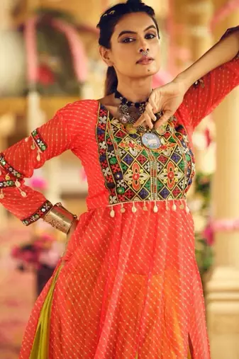 Navratri Yellow Mirror Work Lehenga Choli in Rayon
