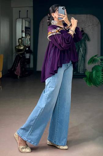 Purple cotton poly embroidered  top