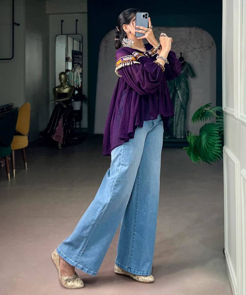 Purple cotton poly embroidered  top