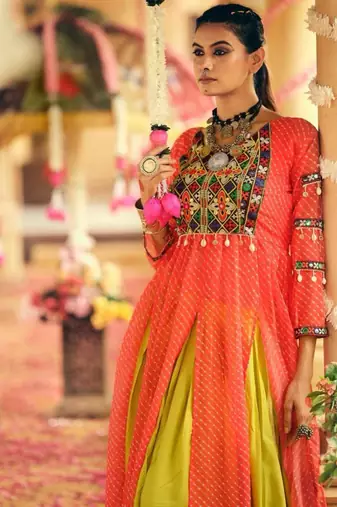 Navratri Yellow Mirror Work Lehenga Choli in Rayon