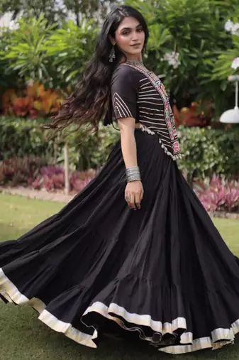 Navratri Black Dori Detail Lehenga Choli in Cotton Poly