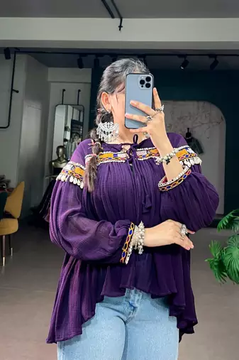 Purple cotton poly embroidered  top