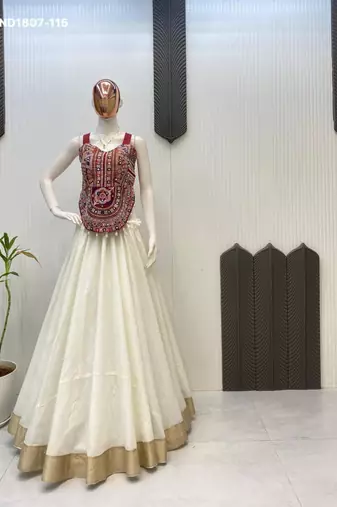 Navratri White Embroidered Lehenga Choli in Cotton Poly