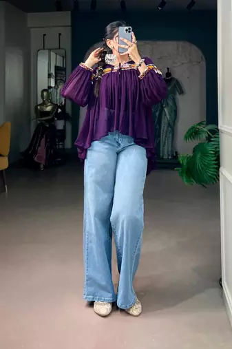 Purple cotton poly embroidered  top
