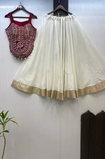 Navratri White Embroidered Lehenga Choli in Cotton Poly