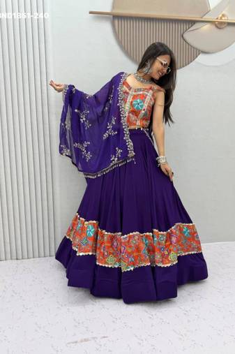 Navratri Violet Mirror Work Lehenga Choli in Cotton Poly
