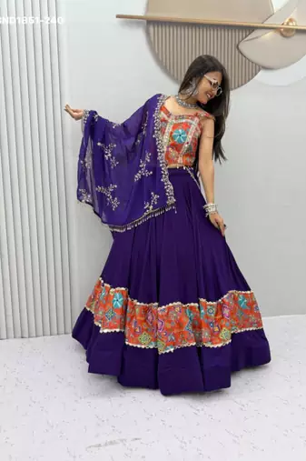 Navratri Violet Mirror Work Lehenga Choli in Cotton Poly