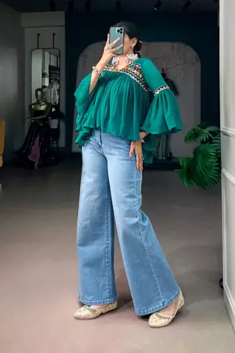Green cotton poly embroidered  top