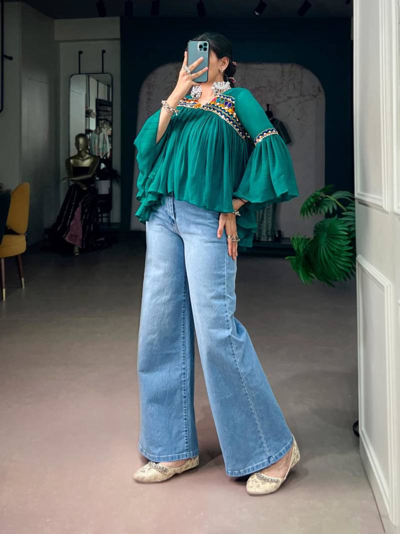 Green cotton poly embroidered  top