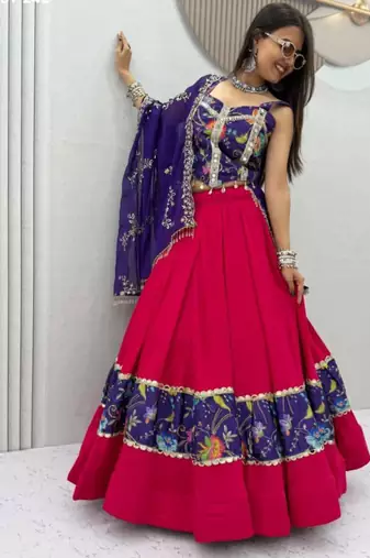 Navratri Rani-pink Mirror Work Lehenga Choli in Cotton Poly