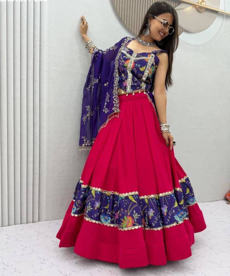 Navratri Rani-pink Mirror Work Lehenga Choli in Cotton Poly