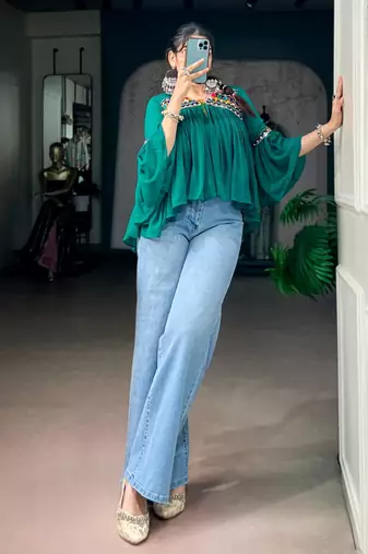 Green cotton poly embroidered  top