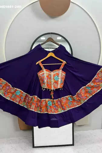 Navratri Violet Mirror Work Lehenga Choli in Cotton Poly