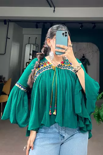 Green cotton poly embroidered  top