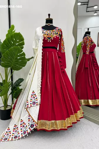 Navratri Red Mirror Work Lehenga Choli in Silk Blend