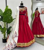 Navratri Red Mirror Work Lehenga Choli in Silk Blend