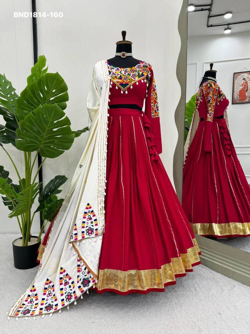 Navratri Red Mirror Work Lehenga Choli in Silk Blend