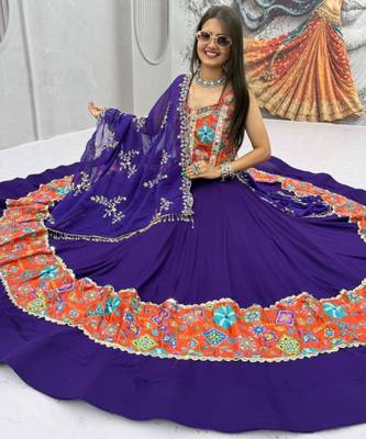 Navratri Violet Mirror Work Lehenga Choli in Cotton Poly 4