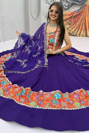 Navratri Violet Mirror Work Lehenga Choli in Cotton Poly