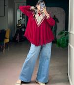 Magenta cotton poly embroidered  top