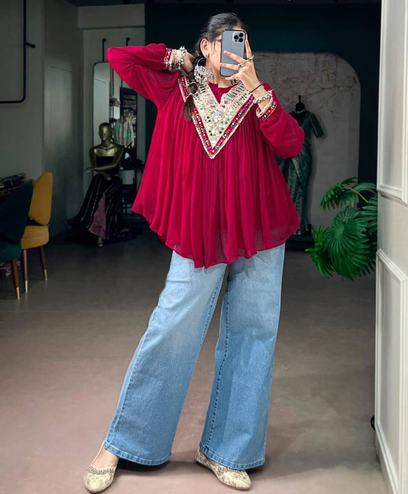 Magenta cotton poly embroidered  top
