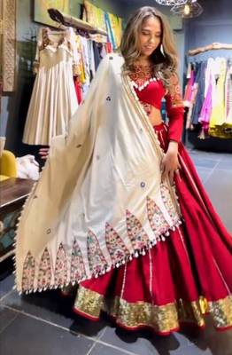 Navratri Red Mirror Work Lehenga Choli in Silk Blend 2