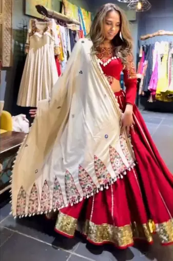 Navratri Red Mirror Work Lehenga Choli in Silk Blend