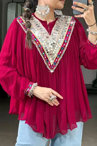 Magenta cotton poly embroidered  top