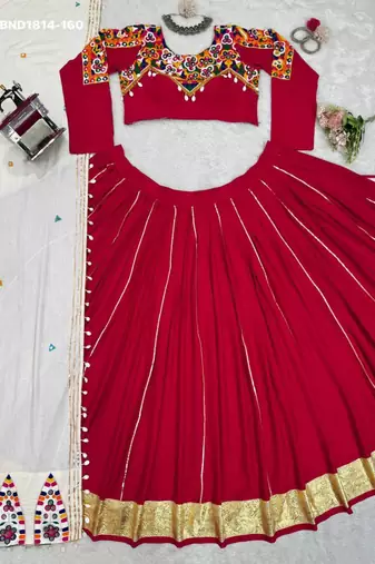 Navratri Red Mirror Work Lehenga Choli in Silk Blend
